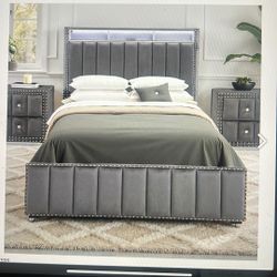 Brand New Gray Queen Bed With LED Light !