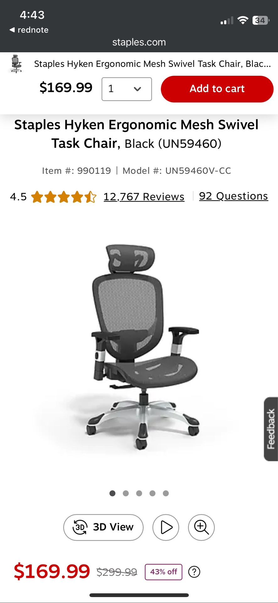 Staples Hyken Ergonomic Mesh Swivel Task Chair, Black (UN59460)