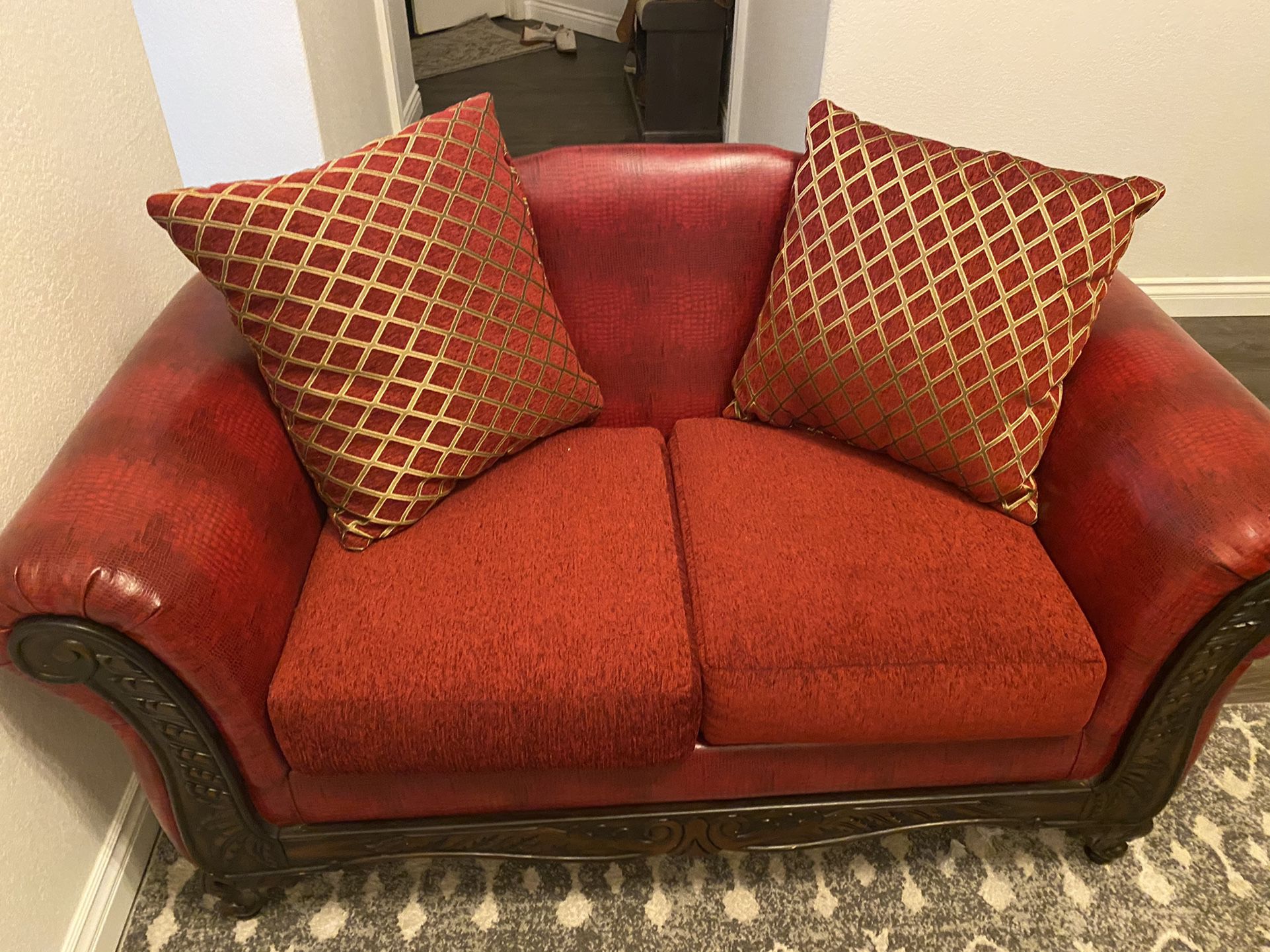 Red Couch. Faux Leather. Bought From Ashley Furniture.