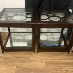 Set of 2 Glass Top Side Tables – Dark Wood
