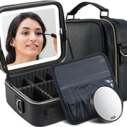 Travel Makeup Bag w 3 Color LED 10X Mirror, Makeup Organizer NEW