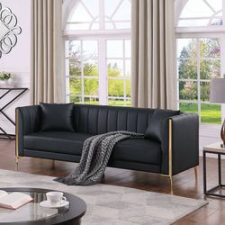 77.6" 3 Seater Sofa, Modern PU Leather Couch with Golden Legs & Armrests & 2 Pillows for Business Office, Black