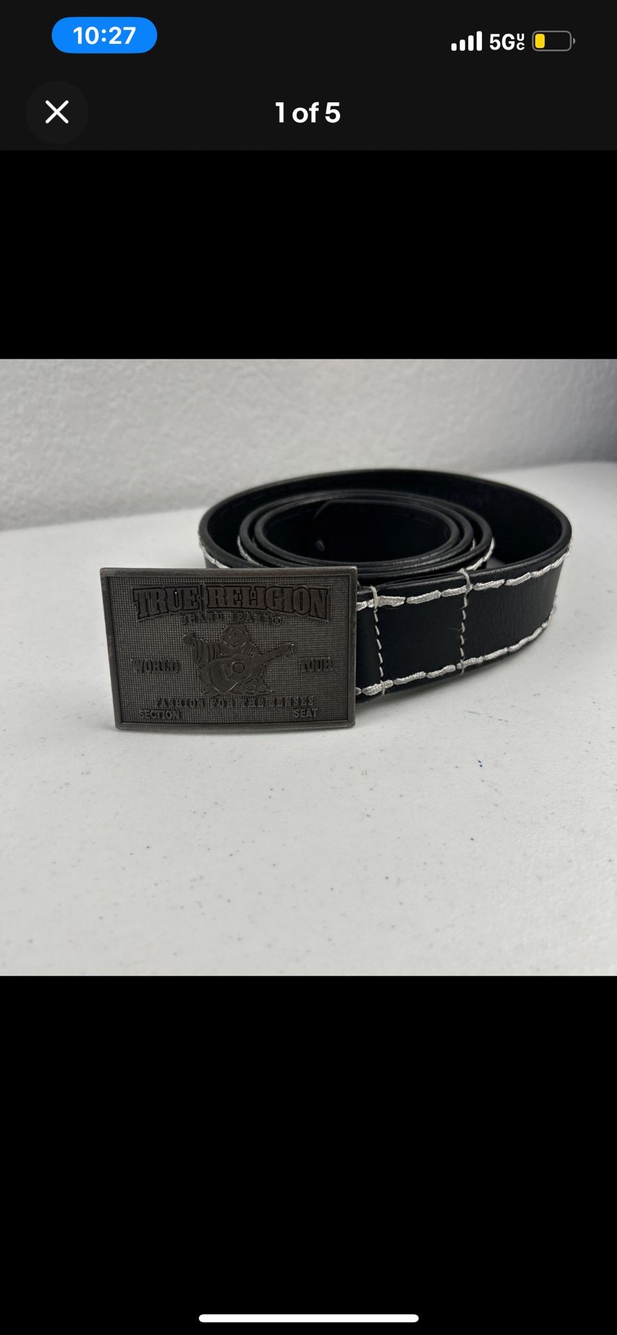 True Religion Concer Ticket belt Big T stitch size 38 leather Black and Silver