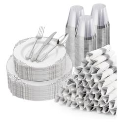 350PCS Silver Plastic Plates for 50 Guests, Disposable Dinnerware Sets Include 100 Silver Rim Plastic Plates, 50 Silverware, 50 Pre Rolled Napkins for