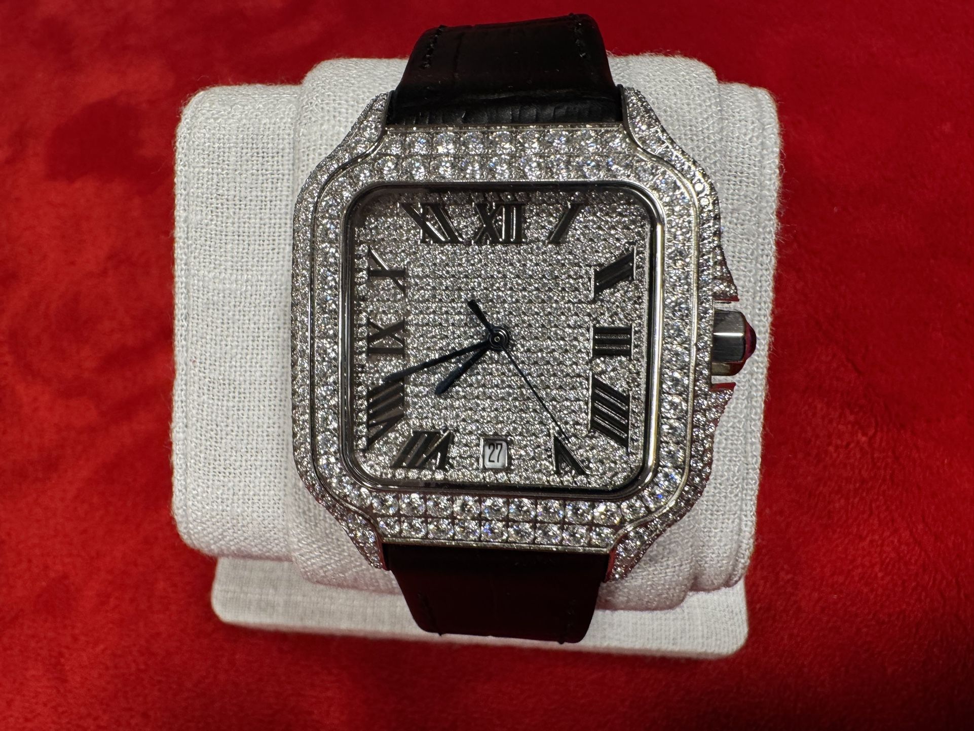Silver VVS1 Moissanite Automatic Watch – Roman Numeral Dial, Black Leather Band, Presidium Diamond Tester Approved, GRA Certified