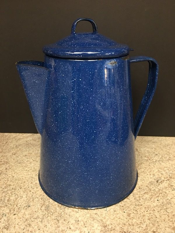 Vintage Enamel Ware Coffee Pot w/Inner Parts, Blue Enamel Spatter Ware Metal 6 Cup Coffee Maker, Retro Coffee Pot w/Lid