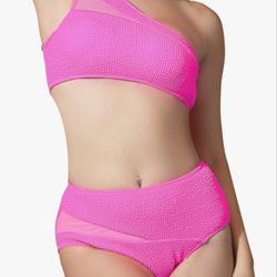 NEW Pink Large Women Bikini Sets Swimsuit One Shoulder Top with Mid Waist Bottom Two Piece Ribbed 