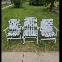 3 Vintage Aluminum Webbed Weave Folding Rocker Rocking Lawn Chair White & Green