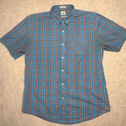Volcom Men’s XL Coupe Classique Blue Plaid Button-Up Shirt – Short Sleeve Cotton