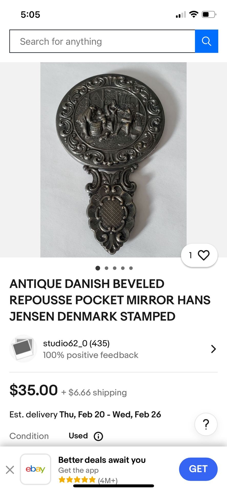 Antique Danish Pocket Mirror Perfect Condition With Aged Patina