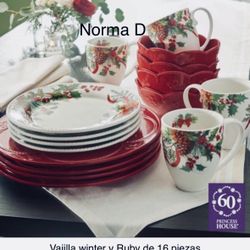 Vajilla Winter Y Ruby De 16 Piezas Nuevas En Su Caja 🌺 Princess House 🌺