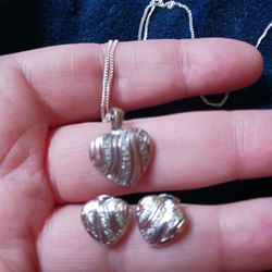 Sterling Silver Heart Necklace With Earrings To Match