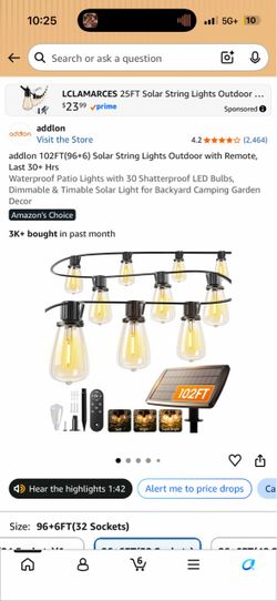 addlon 102FT(96+6) Solar String Lights Outdoor with Remote, Last 30+ Hrs Waterproof Patio Lights with 30 Shatterproof LED Bulbs, Dimmable & Timable So