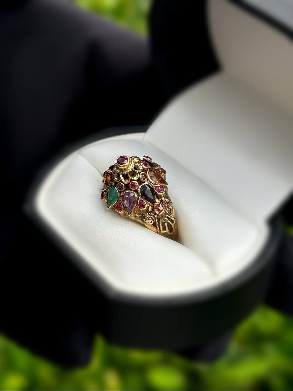 Jewelry Vintage ArtDeco 10k solid yellow gold multicoloured stones ruby emerald moonstone red garnet 1.8CTW crown ring sz 6.00