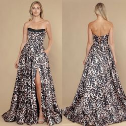 New With Tags A Line Satin Animal Print Long Formal Dress & Prom Dress $339