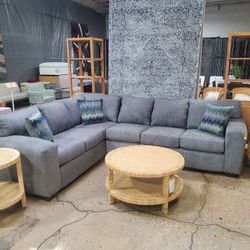 Beautiful Gray Fabric Sectional With 3 Throw Pillows (New)