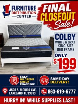 Limited stock. Colby white and gray king size bed frame only $199. Easy finance option. Same-day delivery.