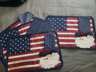 Holiday Placemats, 4th Of July with Fabric Navy Blue with White Stars Napkins