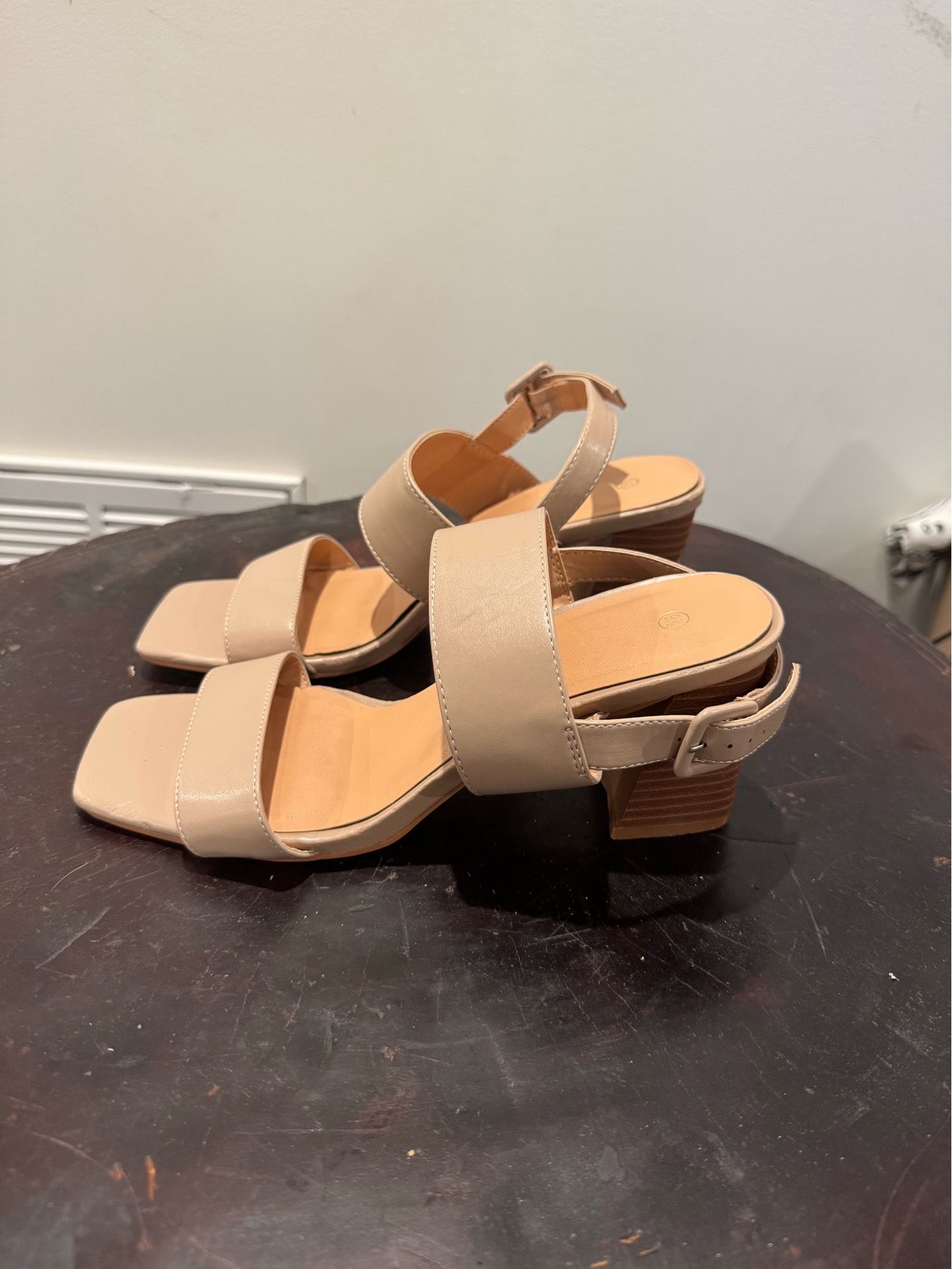 Women's Beige Block Heel Sandals - Neutral Strappy Dress Sandals size 9.5