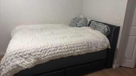 Dark Gray Upholstered Bed Frame with Storage