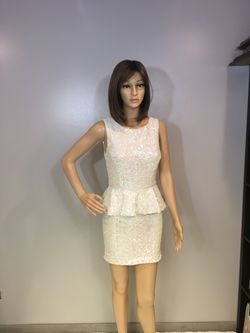 Top Shop Brilliant White Sequined Peplum V-Neck Dress - Excellent Condition