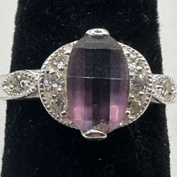 Stunning Women's Silver Ring, Marquise Purple Stone, CZ Accents, Size 7