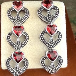 Sterling Silver Marcasite & Garnet Heart Drop Earrings