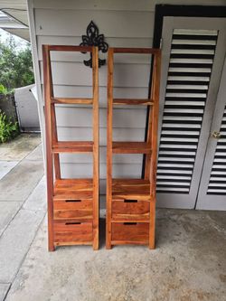 Pair of Wood Ladder Bookshelves with Drawers