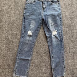 Minx & Moss Size 8 Distressed Split Raw Hem Crop Skinny Jeans Blue Denim
