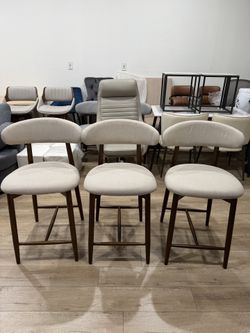 Counter Height Bar Stools Set of 3，Kitchen Bar Stools with Back, Mid Century Modern Upholstered, with Wood Legs for Kitchen Island Dining Room, Beige