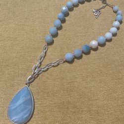 Fossil Vintage Blue Gemstone Pendant Necklace with Silver Chain and Key Charm