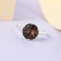 Unique Brazilian Smoky Quartz Solitaire Ring in Sterling Silver 2.50 ctw - Size 8