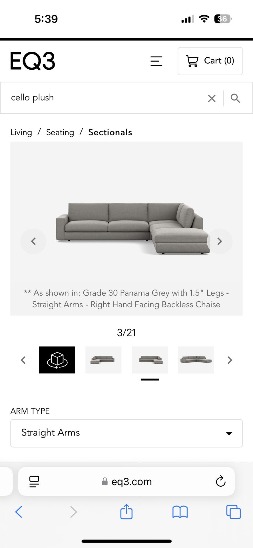 EQ3 Cello Plush 3-Piece Sectional Sofa With Backless Chaise