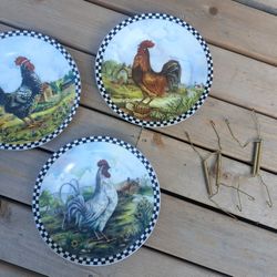 3 Decorative Kitchen Plates Chicken Rooster Farmhouse Checkered Print with Brass Hangers