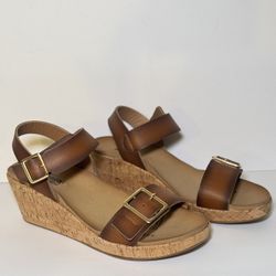 Womens Brown Cork Wedge Sandals with Buckle Strap Size 8.5