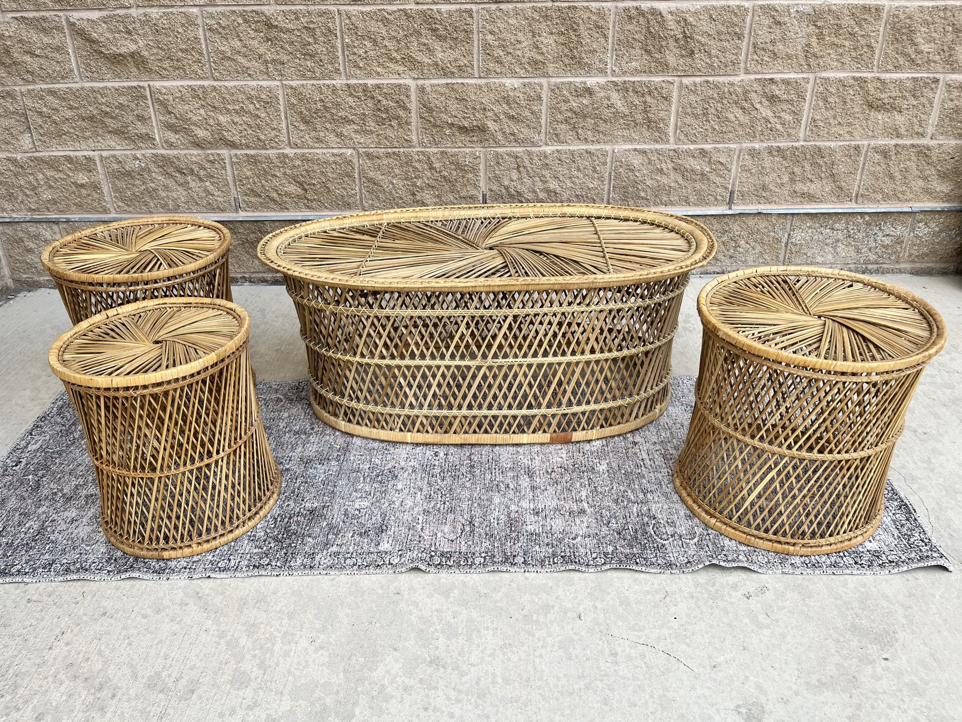 MCM Rattan Woven Wicker Oval Coffee Table and Stools