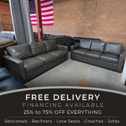 🛋🛋2 Modern Bullet Grey Leather Couches    - Free Delivery! 