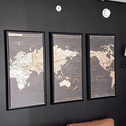 World Map Framed Pictures - 3 Pieces