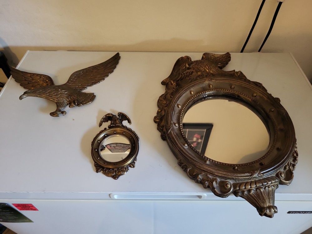Vintage 3 piece set brass Eagle, brass, little mirror large mirror is made out of something else.All three pieces one seventy five