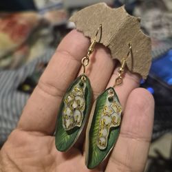 Handmade Earrings White bats under Leaf