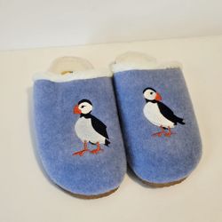 Lands End Blue Puffin Bird Sherpa Lined Faux Fur Slip On Slippers Women's 8