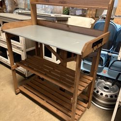 Potting Bench with Galvanized Top, Foldable Outdoor Wood Potting Table, 2 Bottom Shelves, Brown