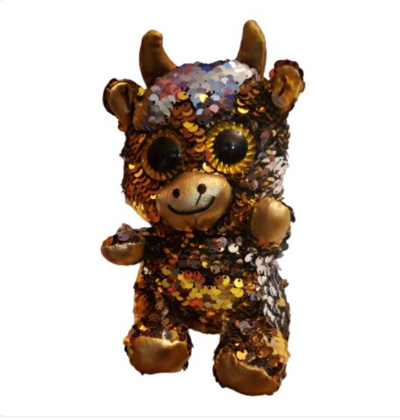 Plush sequin Cow Gold and black Stuffed Animal 9"