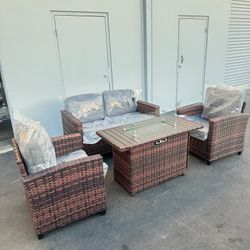 4pc Brown Wicker Outdoor Patio Set With Fire pit table