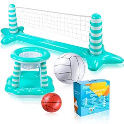 Joyjoz Inflatable Pool Float Set, Pool Volleyball Set Include Volleyball Rack, Volleyball, Basketball Hoop and Ball, Floating Swimming Pool Toy Pool G