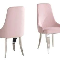 GLAM PINK VELVET CHROME LEGS SIDE ACCENT DESK VANITY CHAIR SET - SILLAS