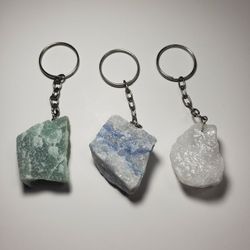 pc Set Rough Natural Green, Blue, & White Crystal Quartz Semi-Precious Crystal Gemstone Keychains