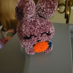 Hand crocheted velvet bunny/carrot.  Carrot was applied via hot glue gun.