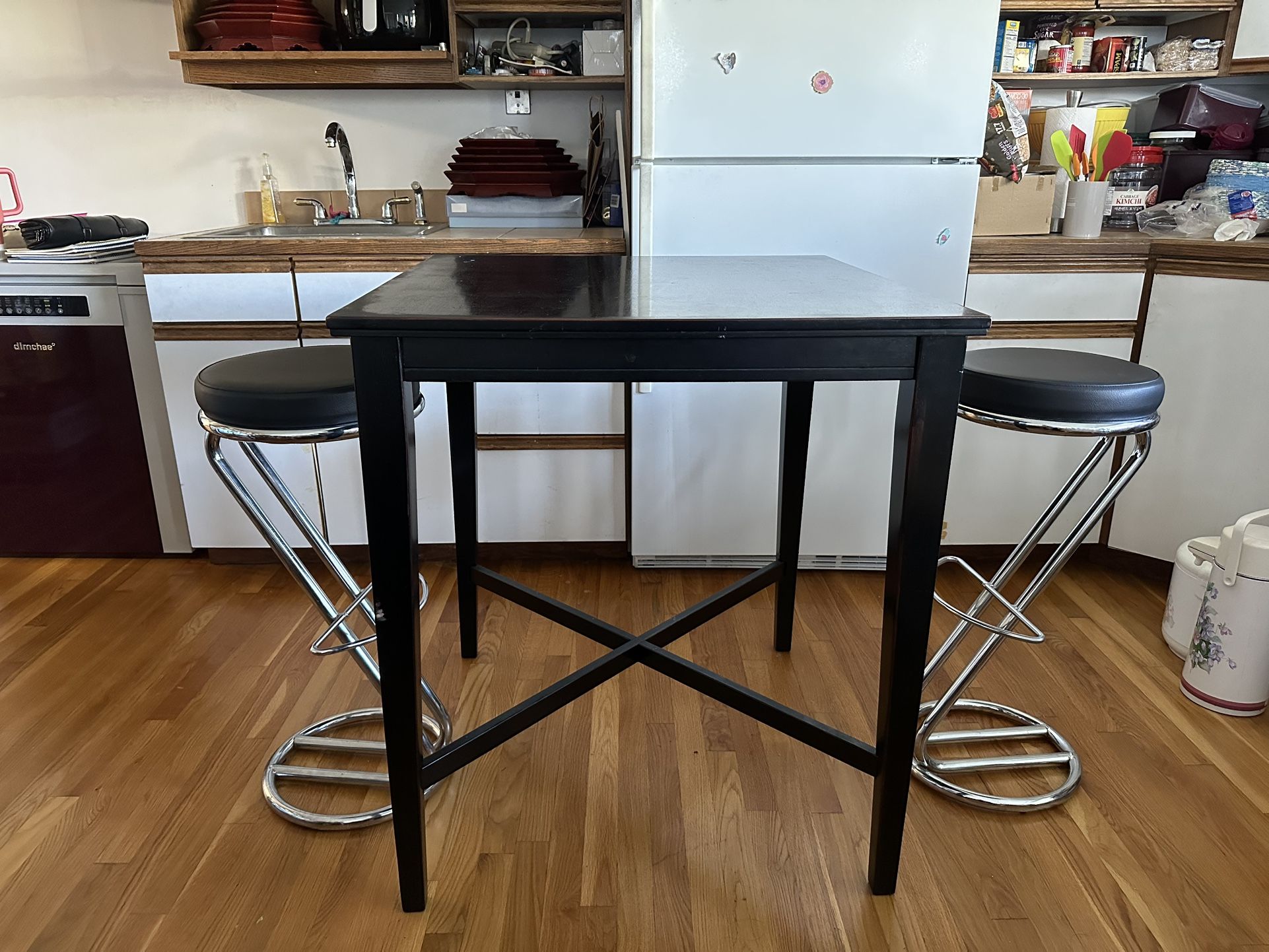 Black Wooden Table and 2 Stools