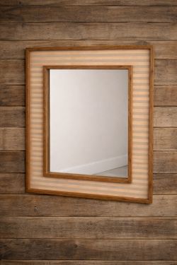 Vintage Inspired Wood Frame Wall Mirror – Retro Feminine Stripe Design | Natural Wood Accent Mirror